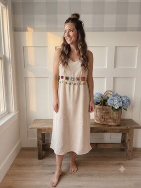 BloomChic Cream Midi Dress with Colorful Embroidered Waistband 22